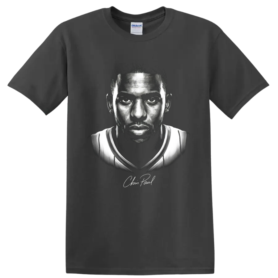 Chris Paul Los Angeles Clippers No. 3 black-and-white basketball portrait artwork on a Charcoal T Shirt