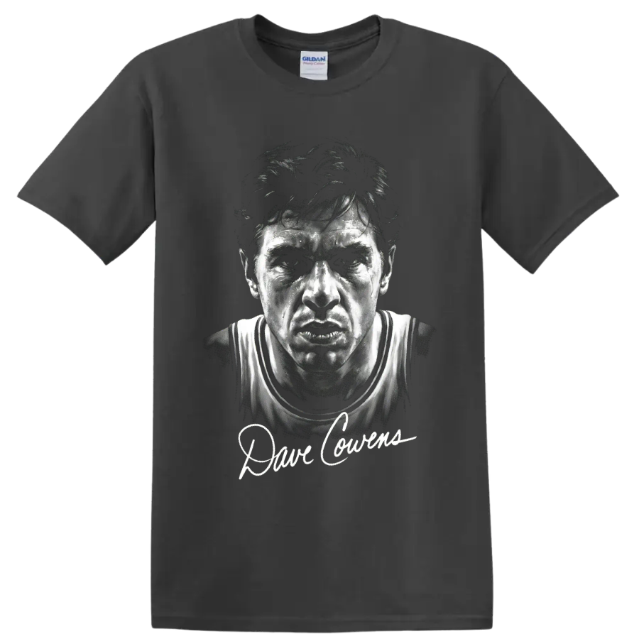 Dave Cowens basketball portrait with signature-style lettering on a Charcoal T Shirt