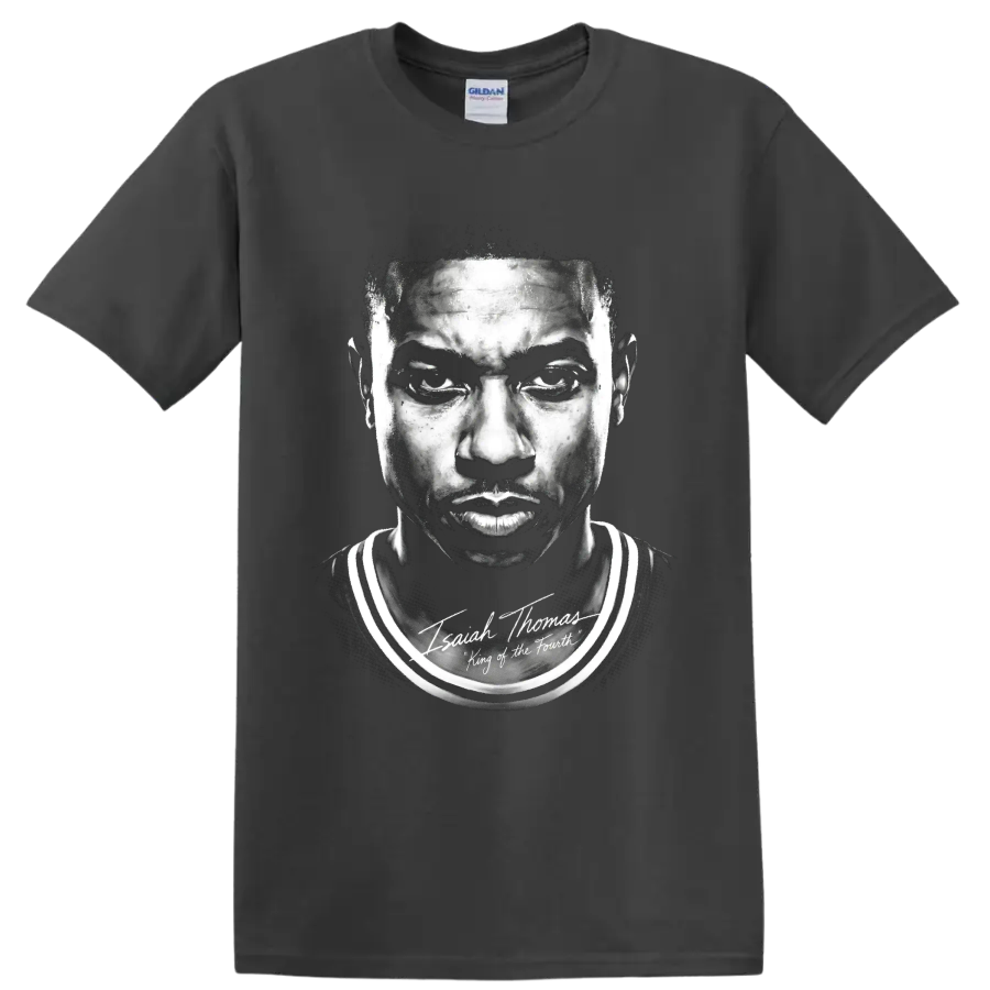Monochrome Isiah Thomas Detroit Pistons No. 11 portrait with signature-style lettering on a Charcoal T Shirt