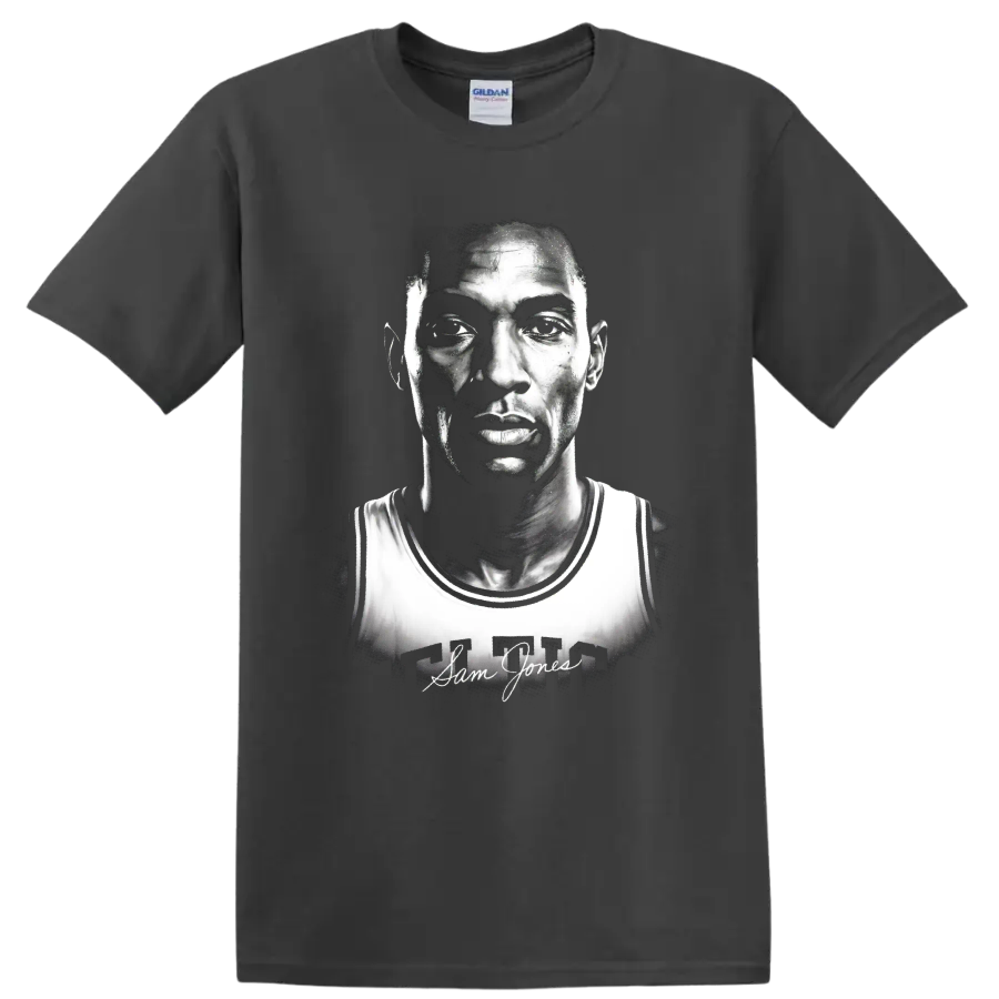Black-and-white Sam Jones basketball portrait with Celtics jersey and signature on a Charcoal T Shirt