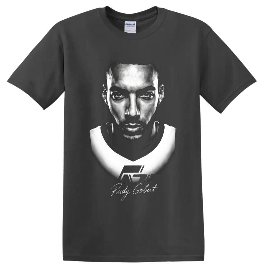 Rudy Gobert No. 27 black-and-white basketball portrait with signature-style lettering on a Charcoal T Shirt