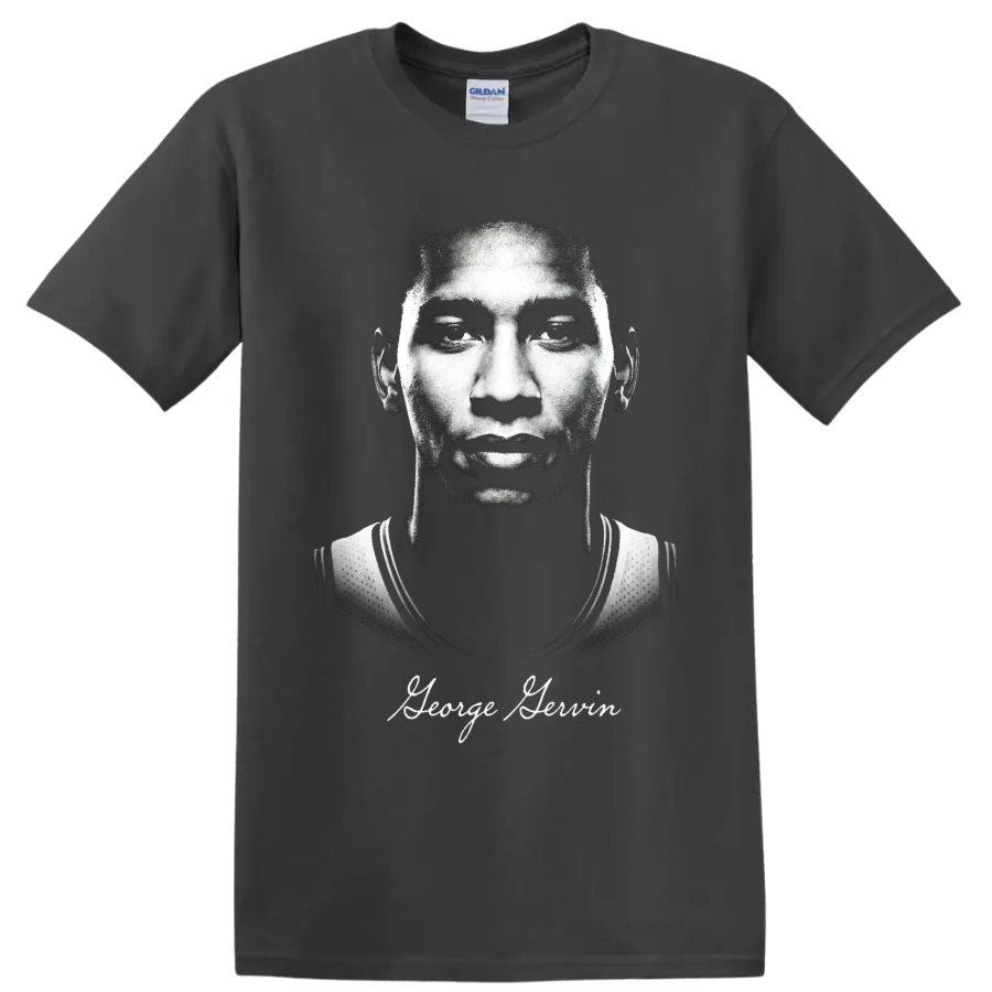 George Gervin monochrome basketball portrait with signature-style name text on a Charcoal T Shirt