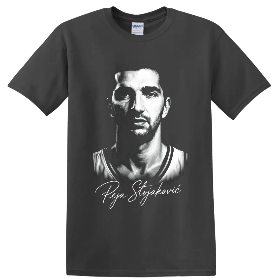 Peja Stojakovic black-and-white basketball portrait with signature-style script on a Charcoal T Shirt