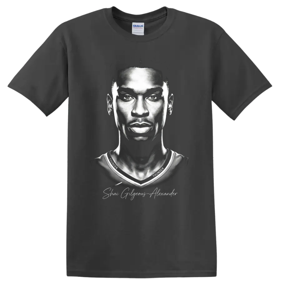 Shai Gilgeous-Alexander Oklahoma City Thunder No. 2 black-and-white portrait on a Charcoal T Shirt
