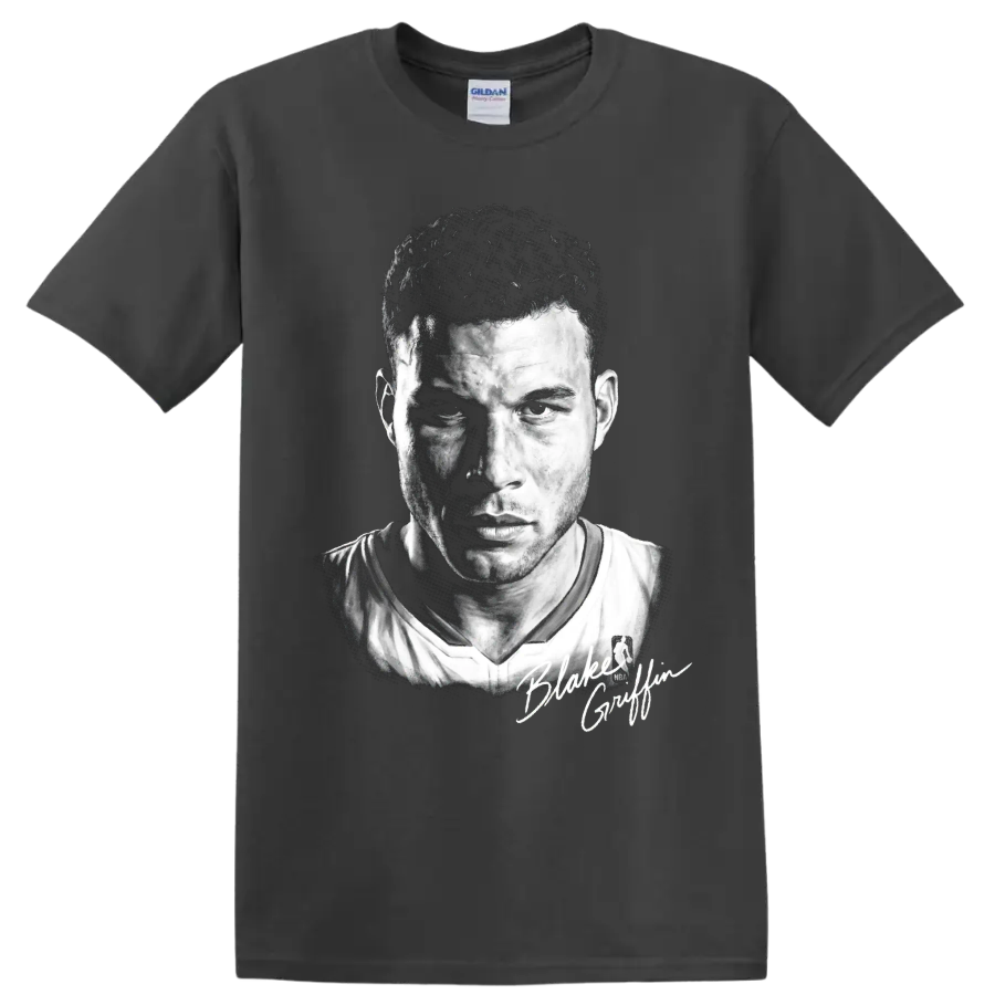 Blake Griffin Los Angeles Clippers No. 32 black-and-white basketball portrait on a Charcoal T Shirt