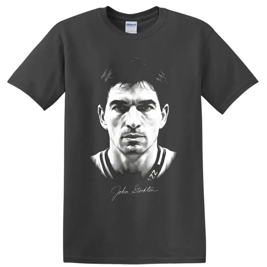 John Stockton Utah Jazz No. 12 monochrome basketball portrait with signature on a Charcoal T Shirt