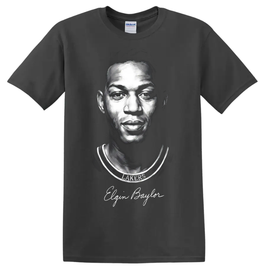 Elgin Baylor Lakers jersey portrait with signature in dramatic grayscale illustration on a Charcoal T Shirt