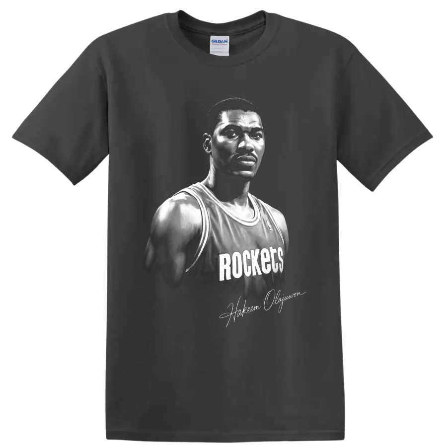 Black-and-white Hakeem Olajuwon Houston Rockets No. 34 basketball portrait on a Charcoal T Shirt