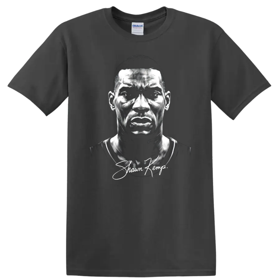 Shawn Kemp black-and-white basketball portrait with signature-style script on a Charcoal T Shirt