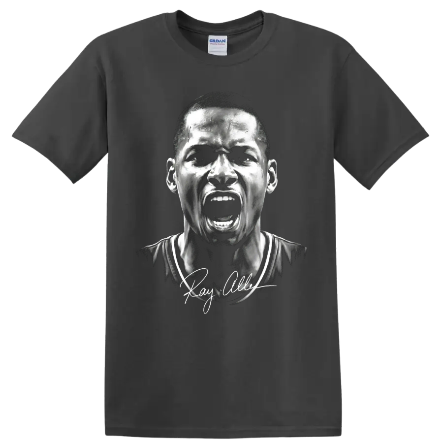 Monochrome Ray Allen shouting basketball portrait with signature-style detail on a Charcoal T Shirt