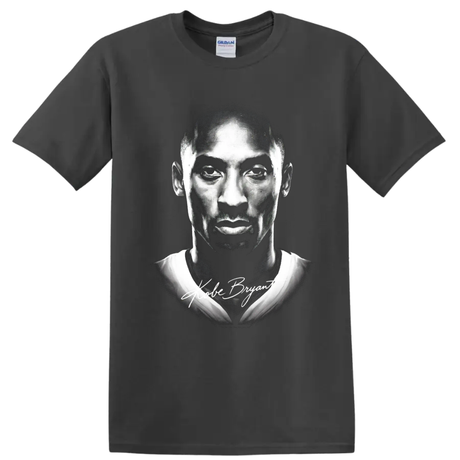 Black-and-white Kobe Bryant Lakers No. 24 portrait with signature-style lettering on a Charcoal T Shirt