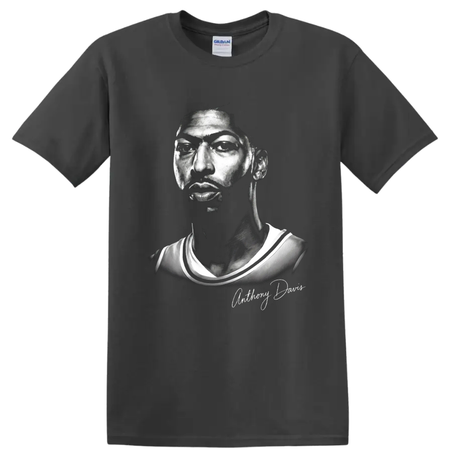 Anthony Davis monochrome basketball portrait with signature-style name script on a Charcoal T Shirt