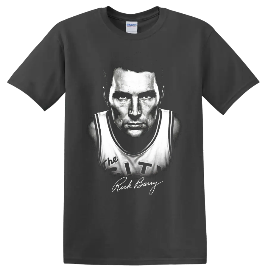 Rick Barry No. 24 basketball player monochrome portrait with signature-style text on a Charcoal T Shirt