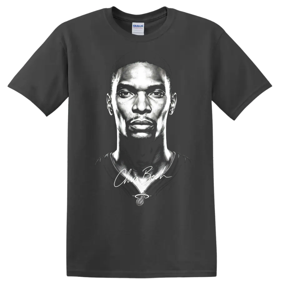 Chris Bosh black-and-white basketball portrait with signature-style script on a Charcoal T Shirt