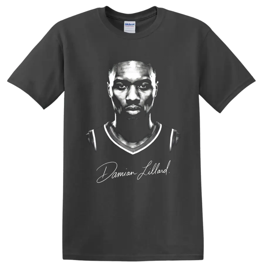 Damian Lillard monochrome basketball portrait with signature-style script on a Charcoal T Shirt