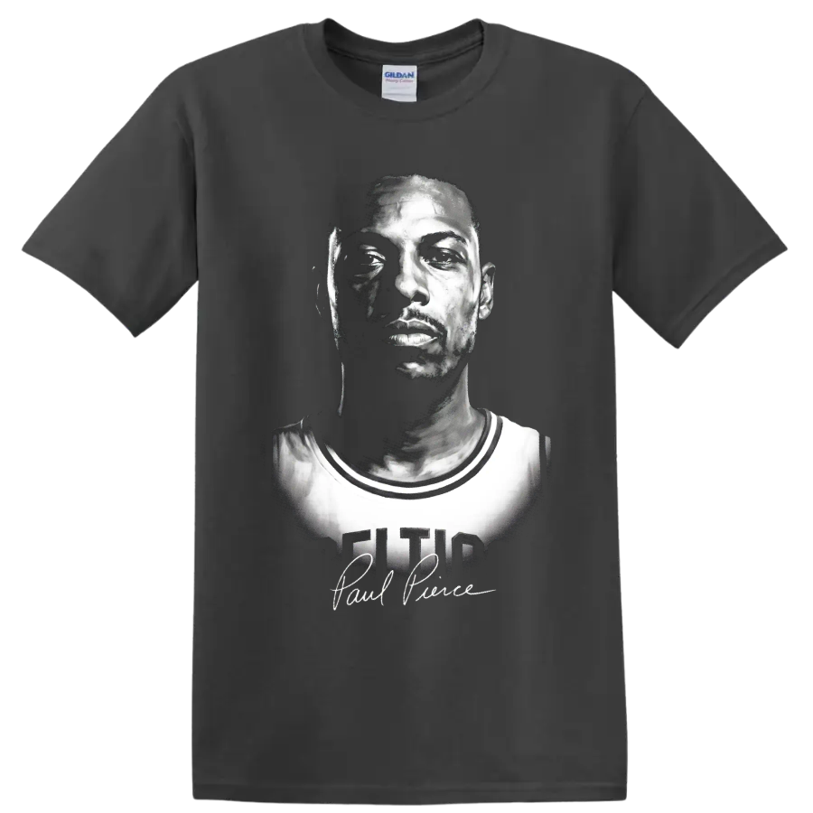 Black-and-white Paul Pierce Boston Celtics No. 34 portrait with signature-style script on a Charcoal T Shirt