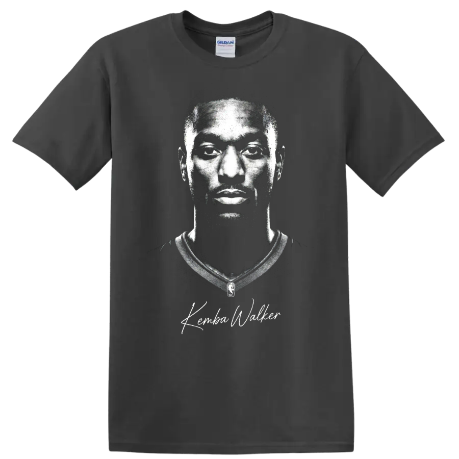 Monochrome Kemba Walker Charlotte Hornets No. 15 basketball portrait with signature on a Charcoal T Shirt