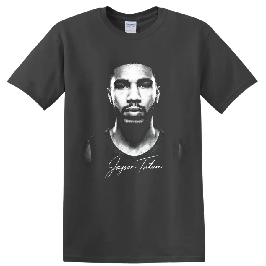 Jayson Tatum monochrome basketball portrait with signature-style text on a Charcoal T Shirt