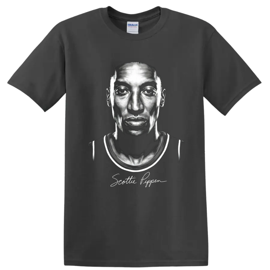 Scottie Pippen grayscale basketball portrait with signature-style script on a Charcoal T Shirt