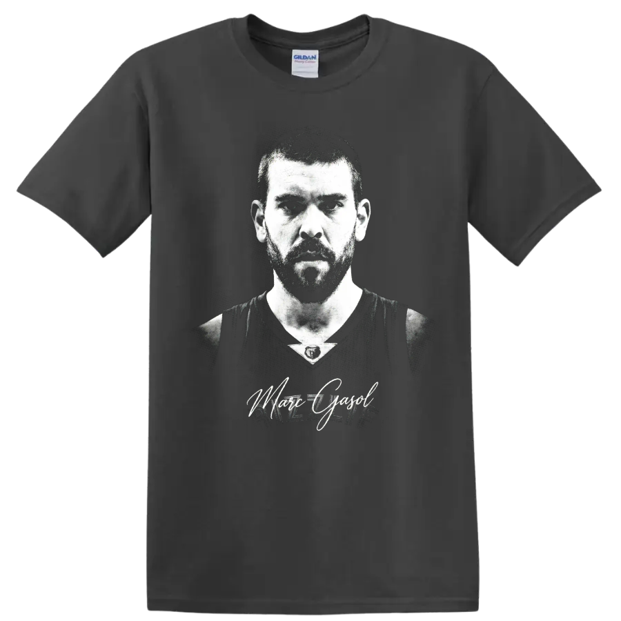 Marc Gasol black-and-white basketball portrait with signature and number 33 on a Charcoal T Shirt