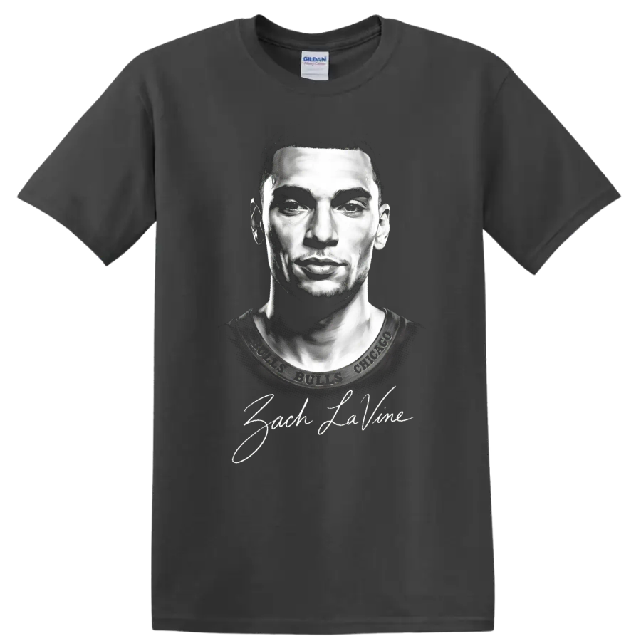 Zach LaVine Chicago Bulls No. 8 monochrome portrait with signature lettering on a Charcoal T Shirt