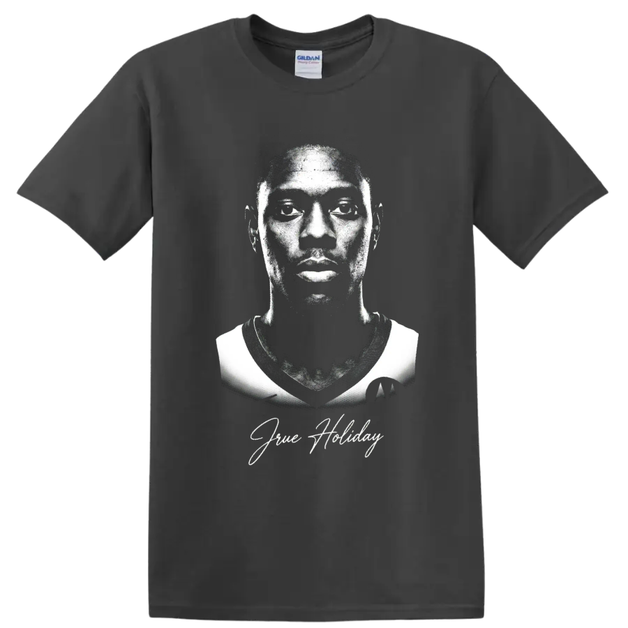 Jrue Holiday black-and-white basketball portrait with signature-style script on a Charcoal T Shirt