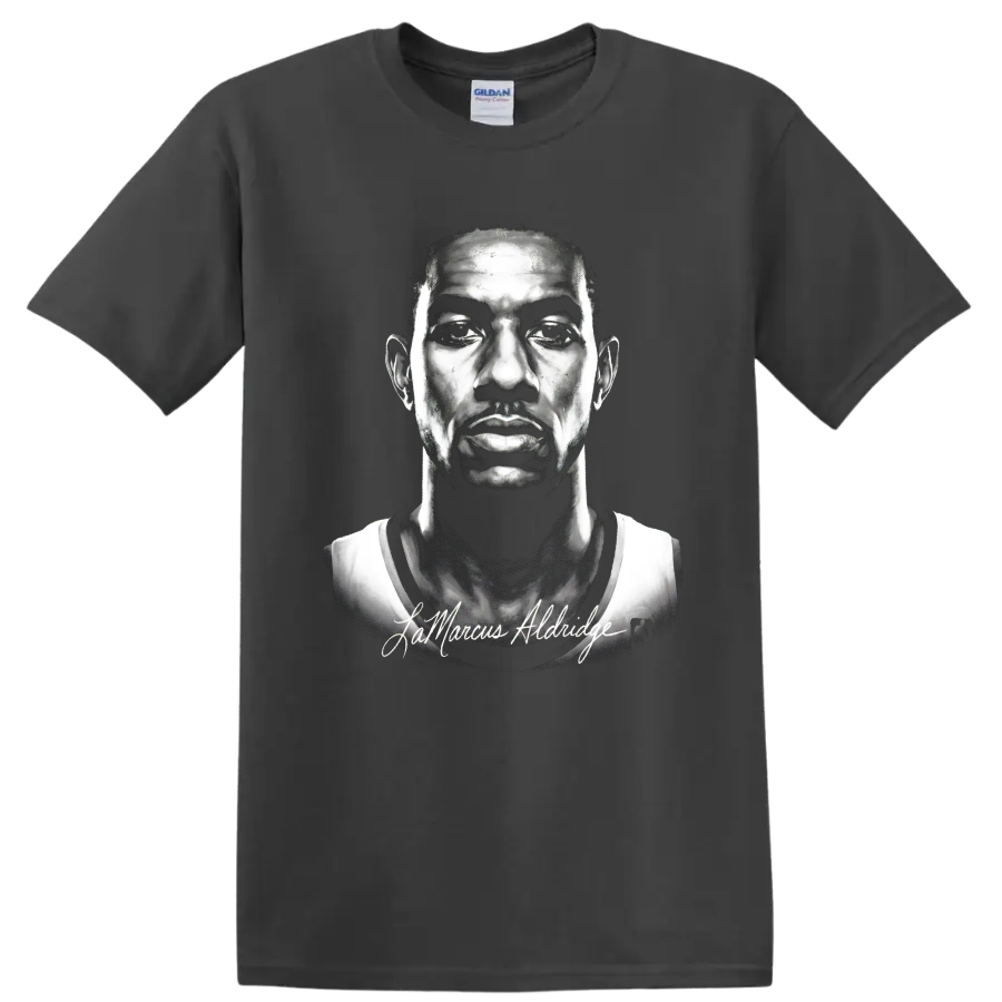 Monochrome LaMarcus Aldridge portrait with cursive signature on a Charcoal T Shirt