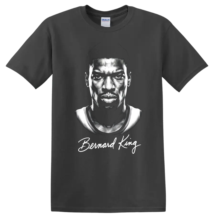 Monochrome Bernard King basketball portrait with signature-style Bernard King text on a Charcoal T Shirt
