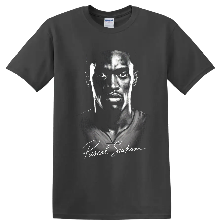 Pascal Siakam monochrome basketball portrait with signature-inspired script on a Charcoal T Shirt