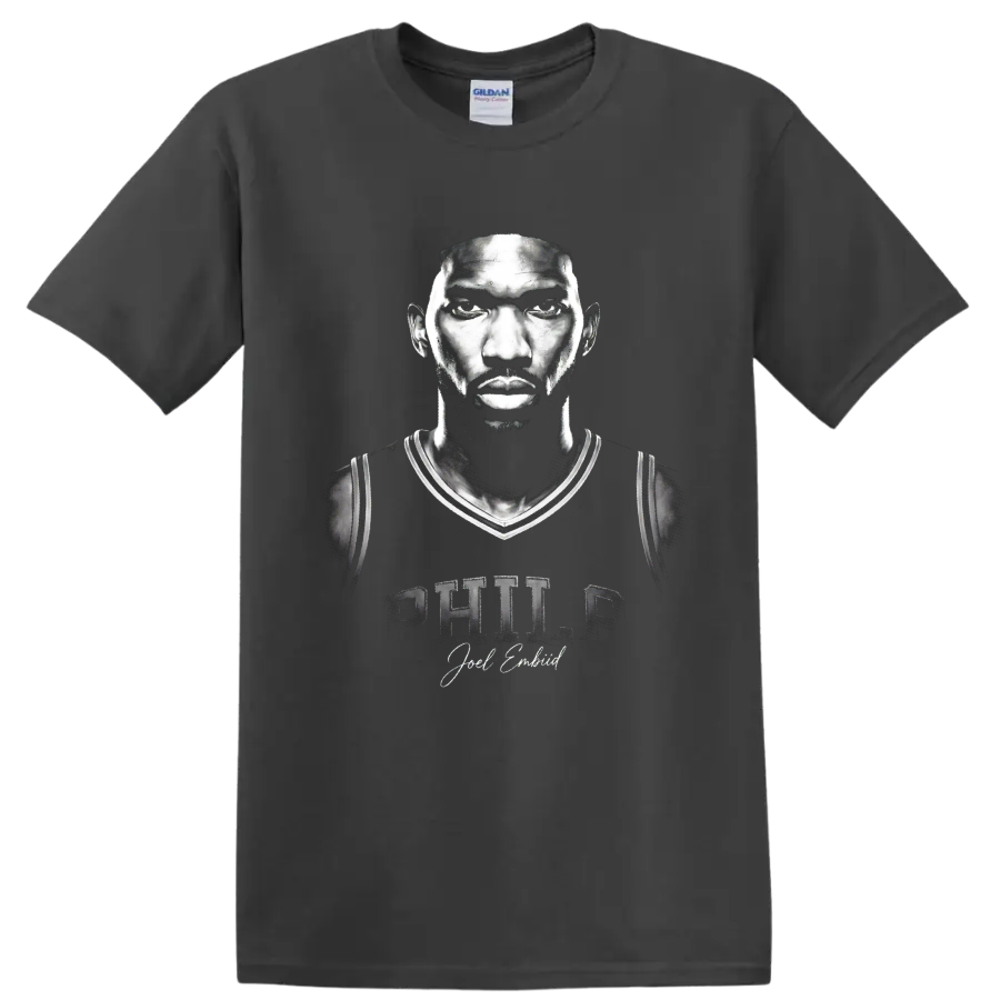 Monochrome Joel Embiid Philadelphia 76ers No. 21 portrait with Philly lettering on a Charcoal T Shirt