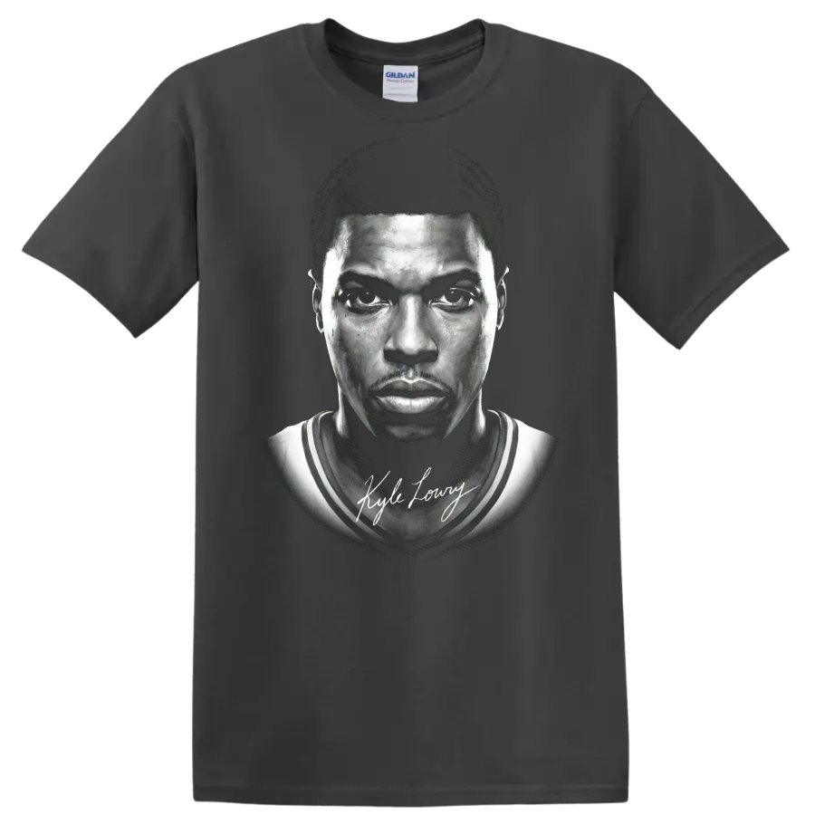 Kyle Lowry Toronto Raptors No. 7 black-and-white basketball portrait with signature on a Charcoal T Shirt