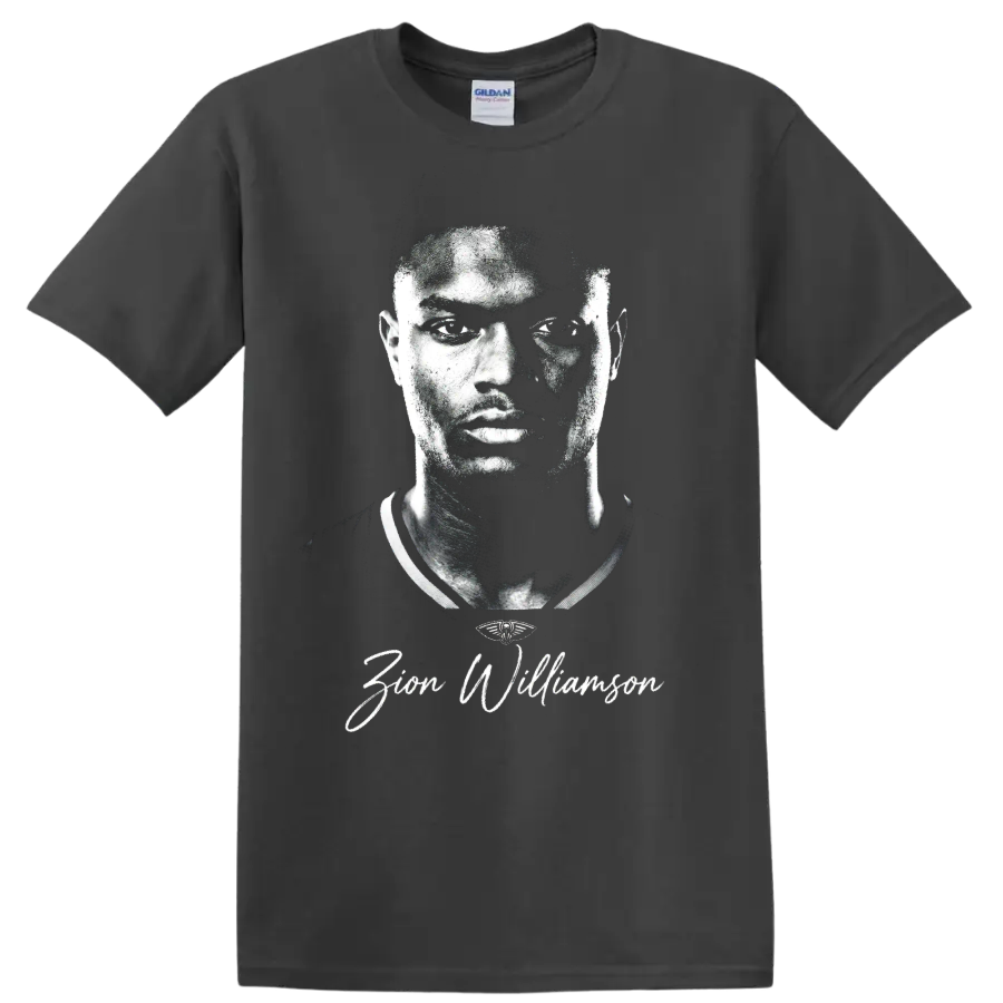 Zion Williamson monochrome basketball portrait with signature-style lettering on a Charcoal T Shirt