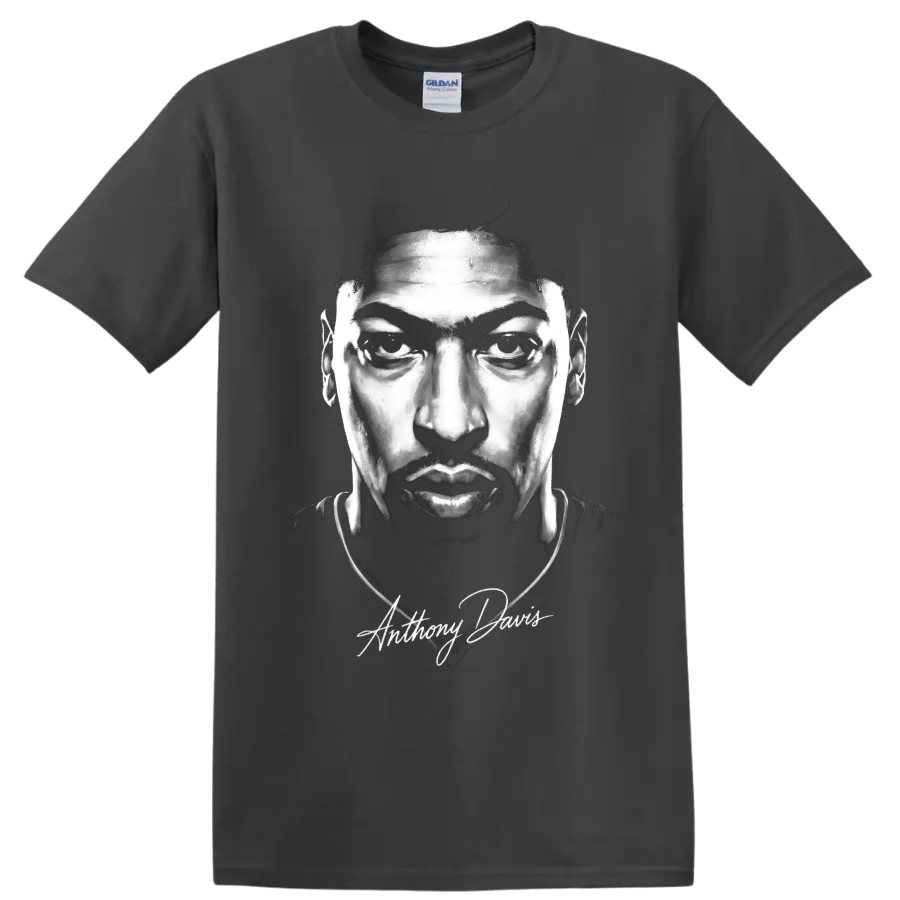 Anthony Davis monochrome basketball portrait with signature-style script on a Charcoal T Shirt