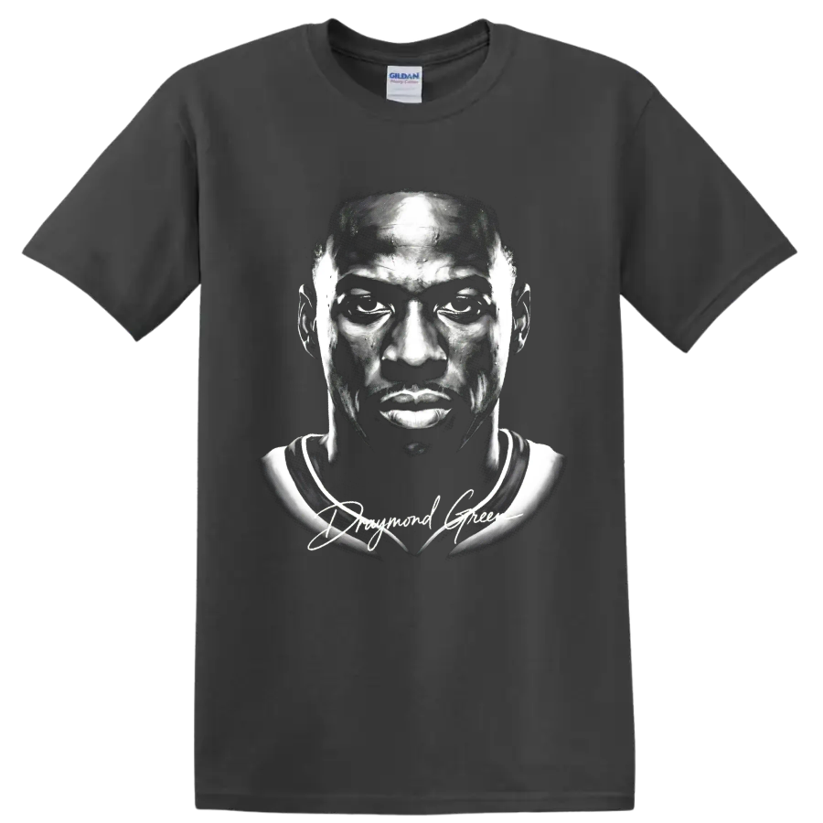 Monochrome Draymond Green basketball portrait with signature-style script on a Charcoal T Shirt