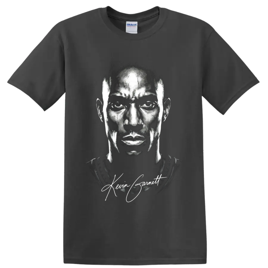 Kevin Garnett black-and-white portrait with signature basketball fan graphic on a Charcoal T Shirt