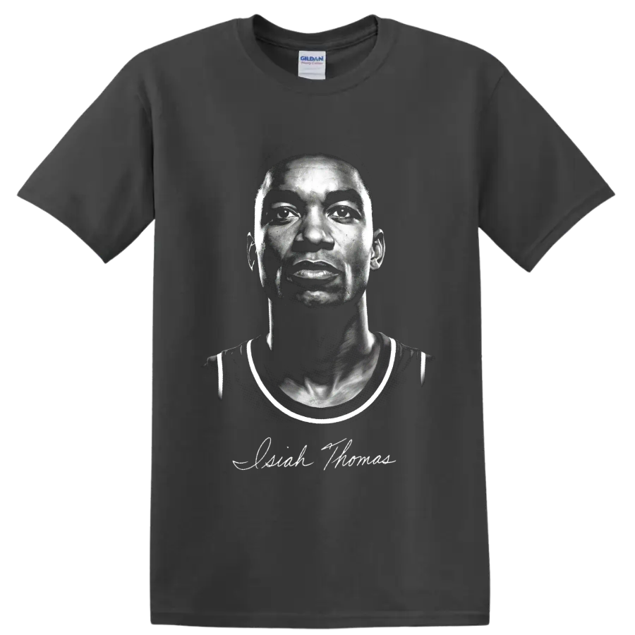 High-contrast Isiah Thomas Detroit Pistons basketball portrait with signature-style script on a Charcoal T Shirt