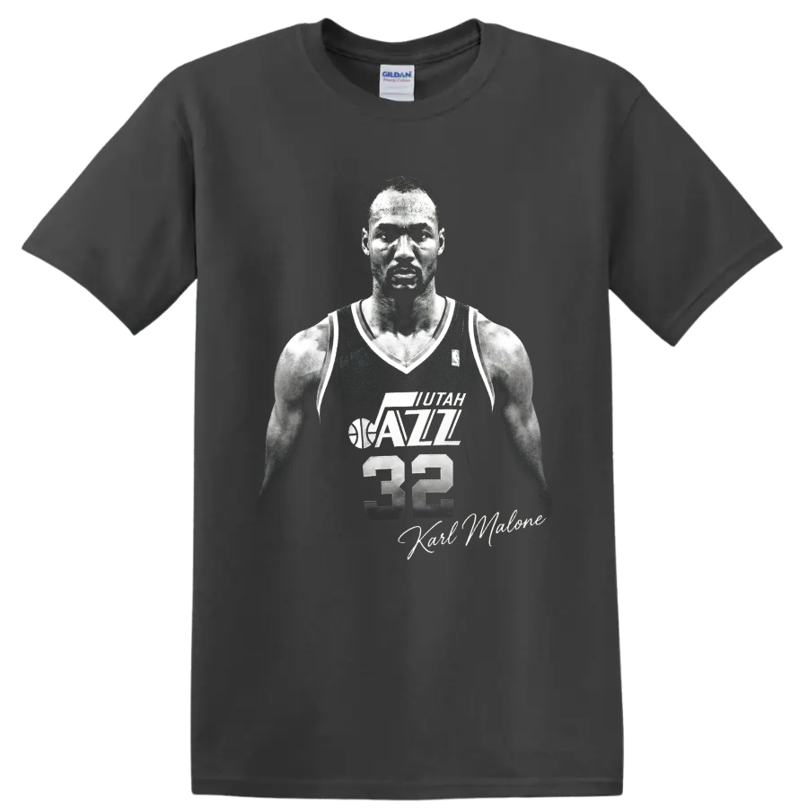 Karl Malone Utah Jazz No. 32 black-and-white basketball portrait with signature on a Charcoal T Shirt