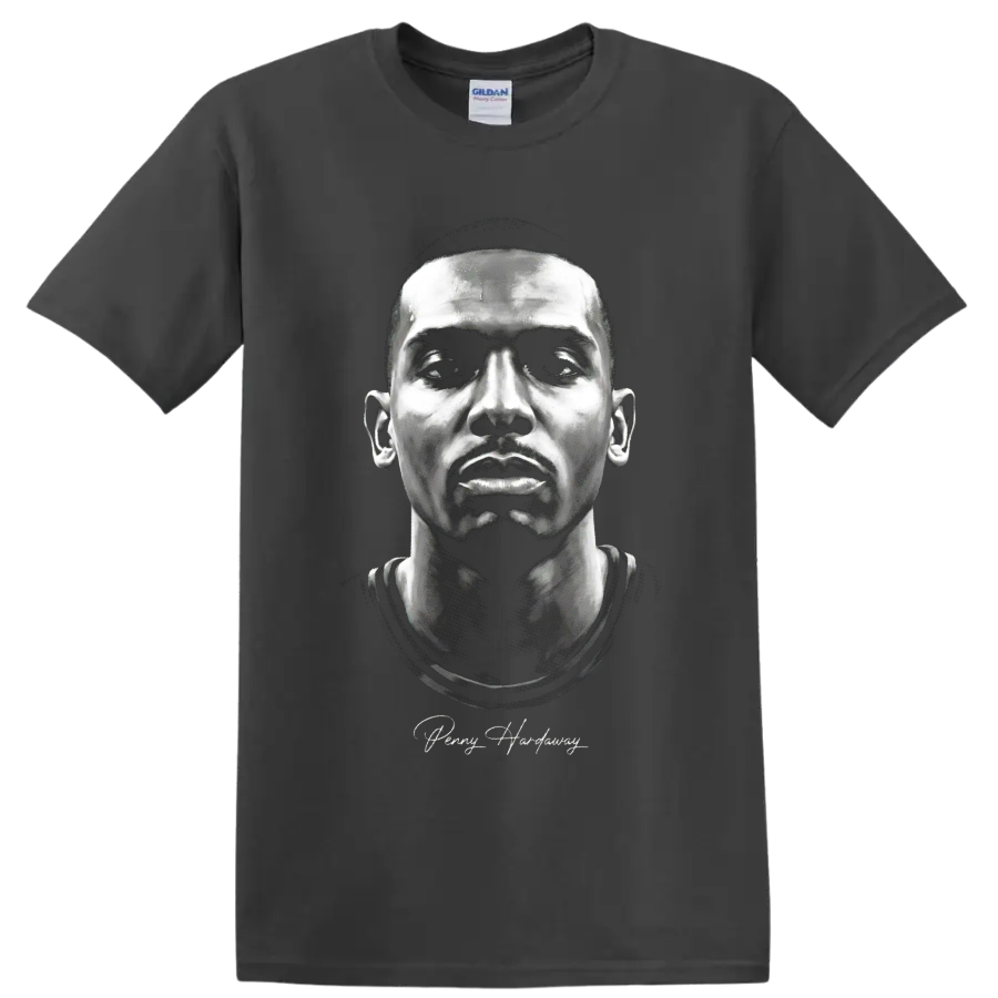 Monochrome Penny Hardaway portrait with cursive signature on a Charcoal T Shirt