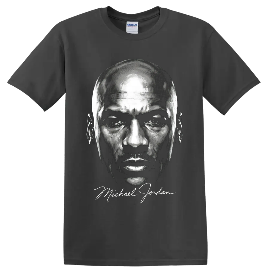 Michael Jordan black-and-white portrait graphic with signature-style script on a Charcoal T Shirt