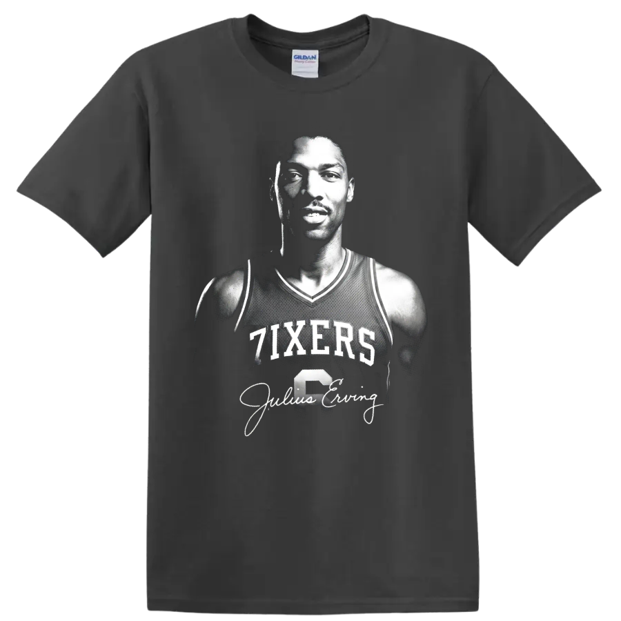 Black-and-white Julius Erving 76ers No. 6 portrait with signature-style script on a Charcoal T Shirt
