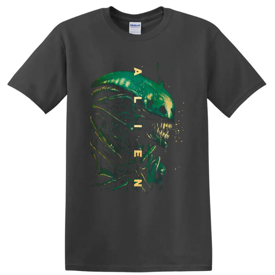 Alien biomechanical creature portrait with distressed sci-fi horror artwork on a Charcoal T Shirt