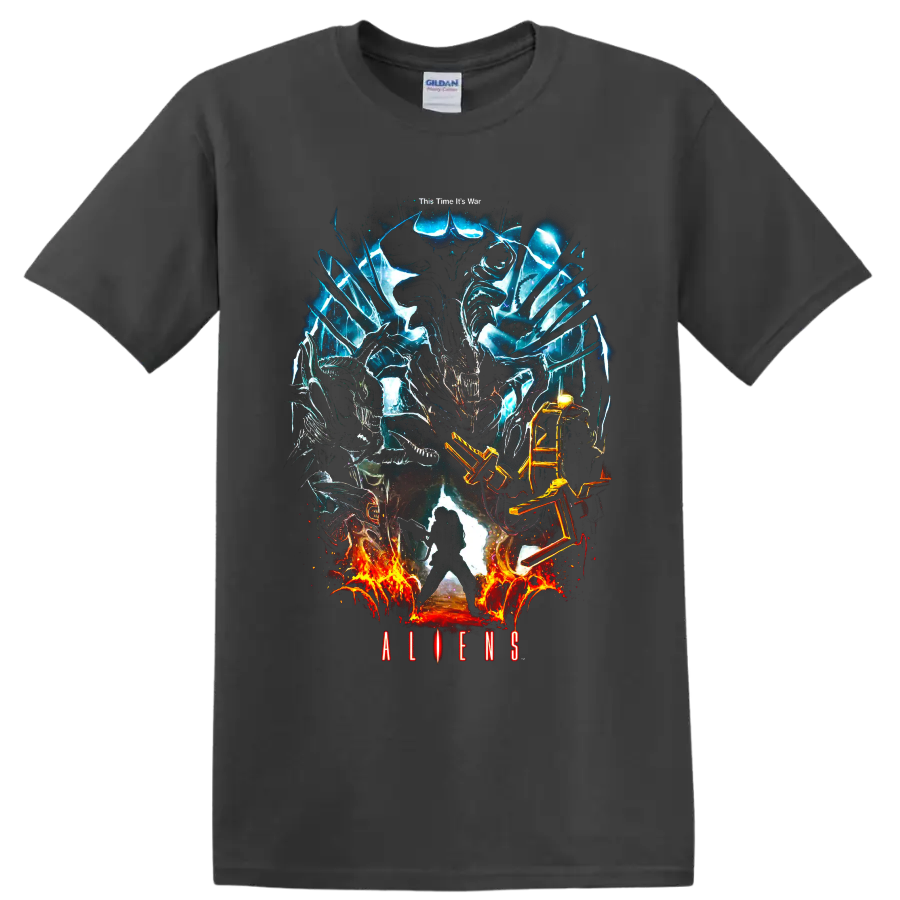 Aliens Xenomorph graphic print with blue energy and fiery battle effects on a Charcoal T Shirt