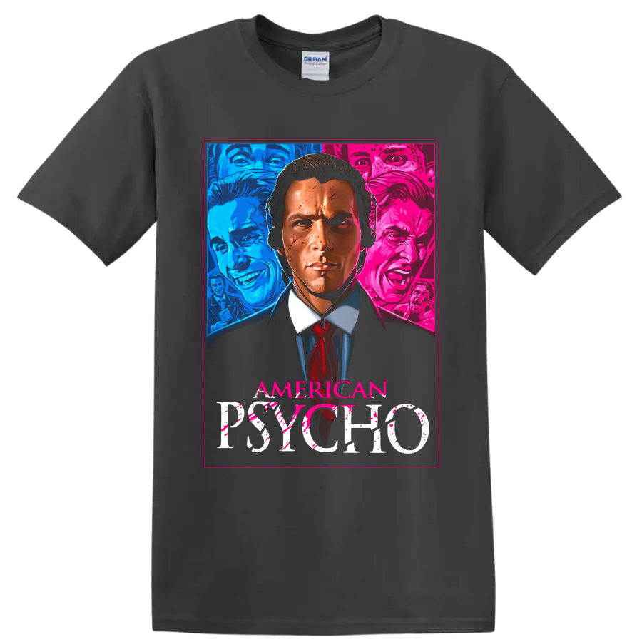 American Psycho neon horror portrait graphic with visible title text on a Charcoal T Shirt