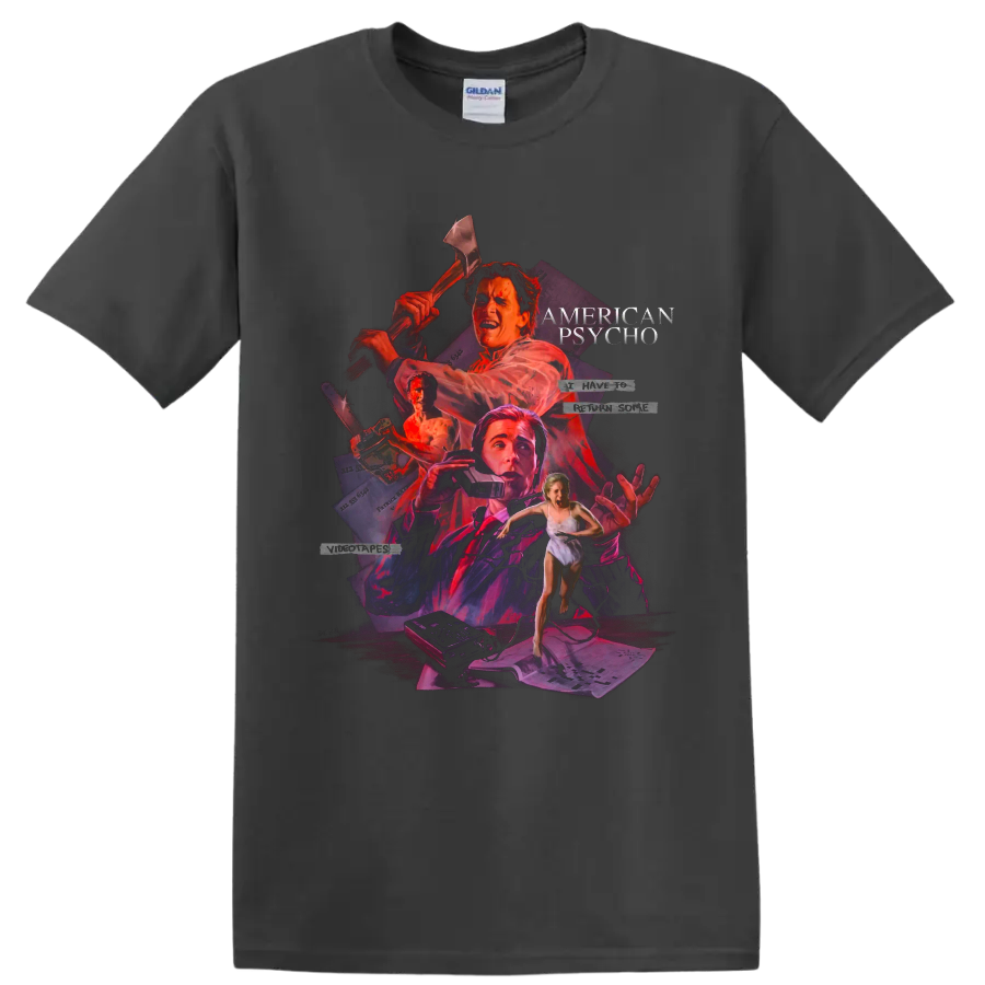 American Psycho axe collage graphic print with movie title text on a Charcoal T Shirt