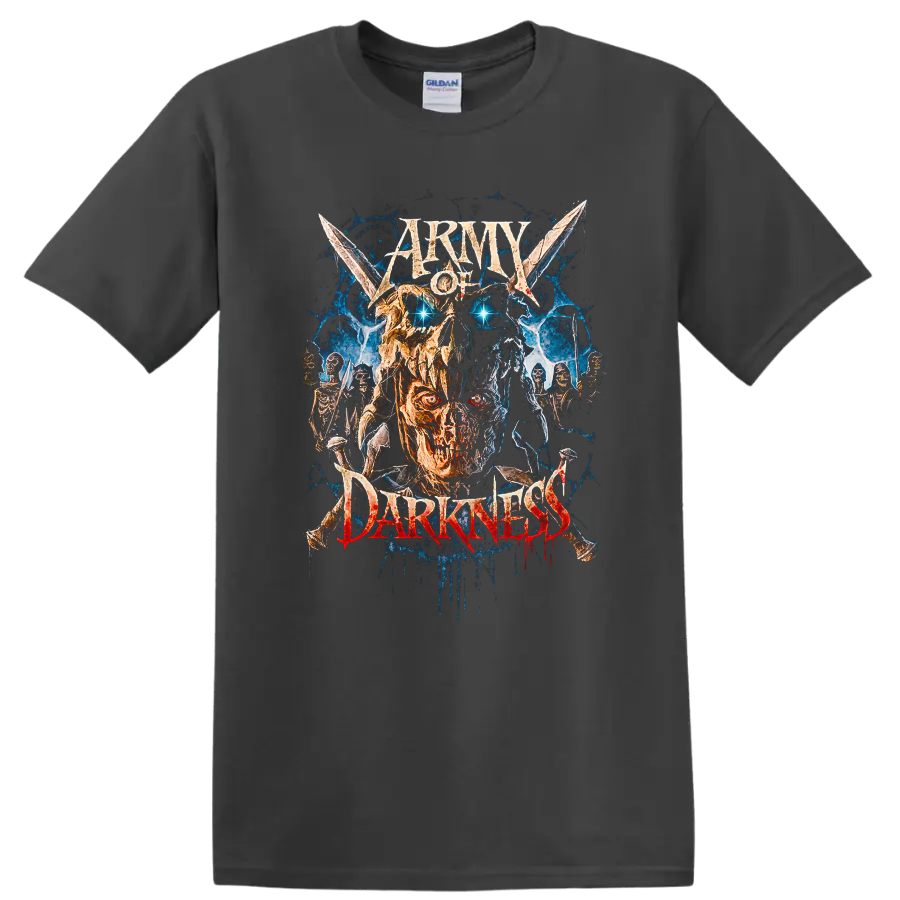 Army of Darkness graphic print with fiery skull and skeleton warriors on a Charcoal T Shirt