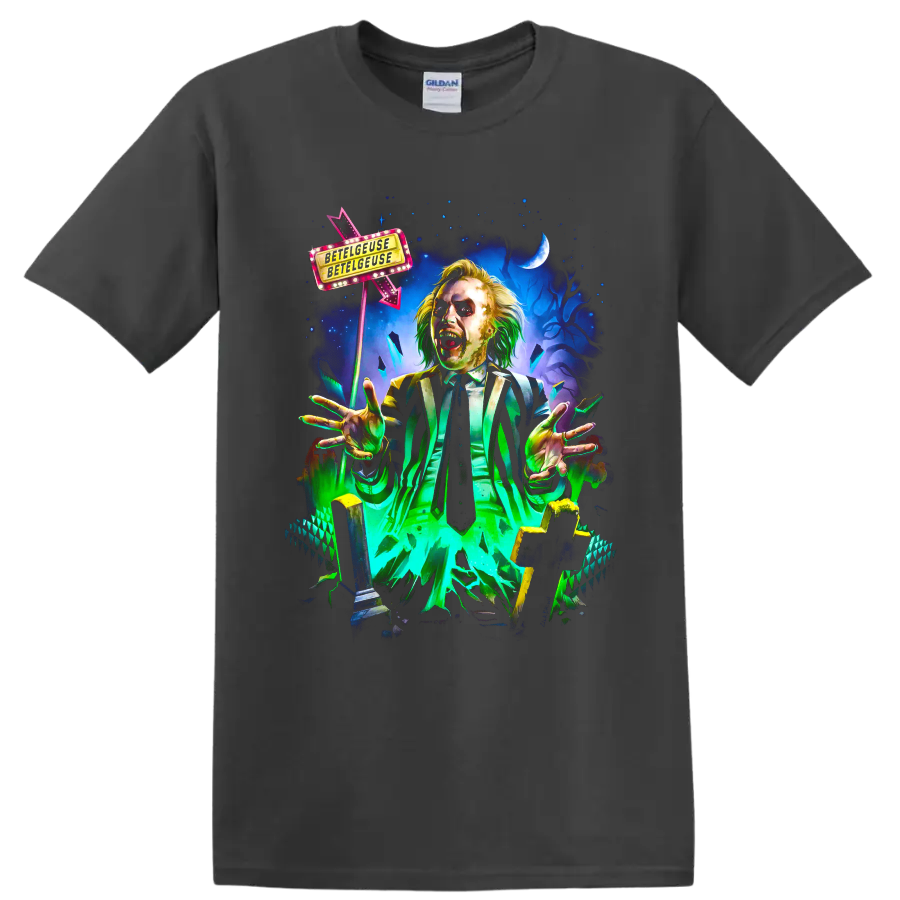 Beetlejuice striped-suit ghost in neon gothic movie artwork on a Charcoal T Shirt
