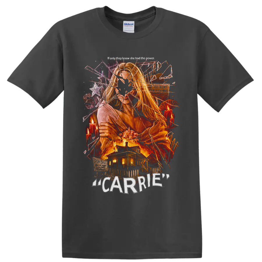Carrie horror graphic with fiery psychic portrait and haunted house on a Charcoal T Shirt