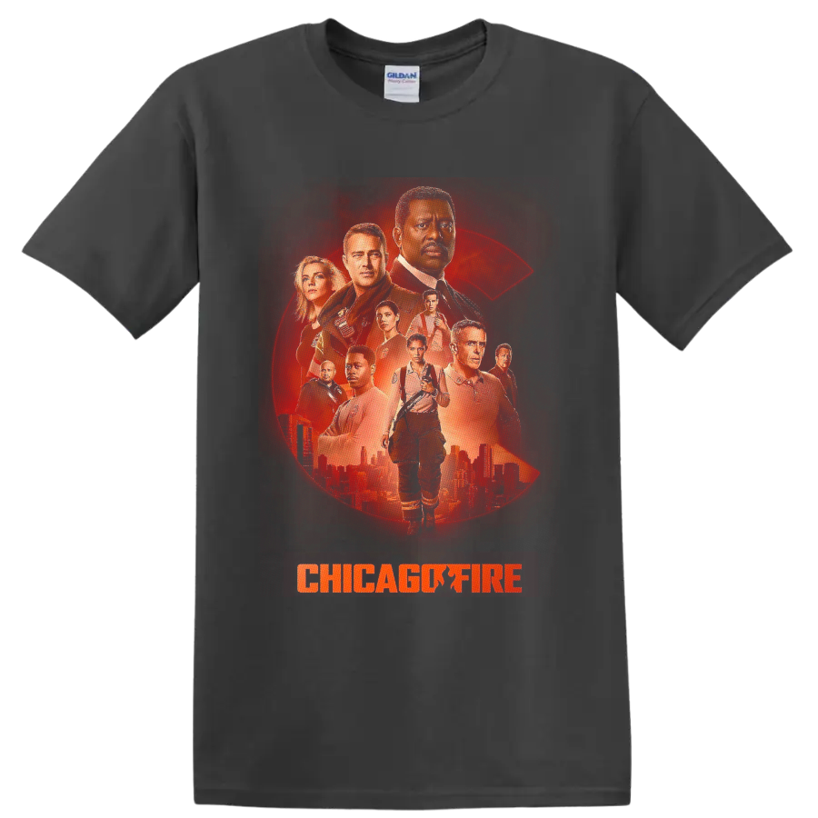 Chicago Fire cast portrait graphic with distressed halftone firefighter design on a Charcoal T Shirt