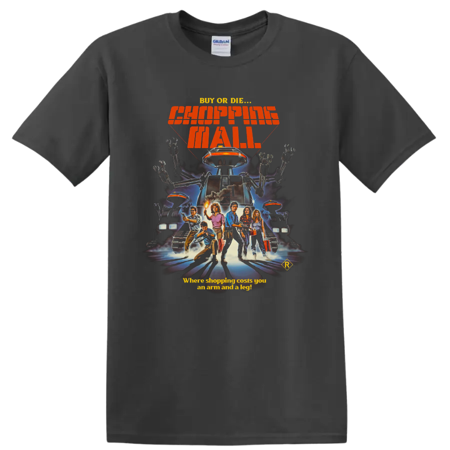Chopping Mall retro killer robot movie poster print with Buy or Die text on a Charcoal T Shirt