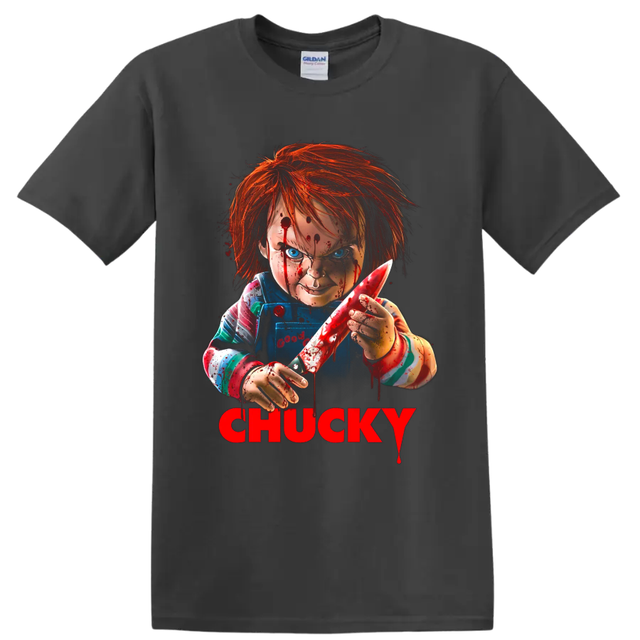 Chucky killer doll bloody knife graphic with red CHUCKY lettering on a Charcoal T Shirt